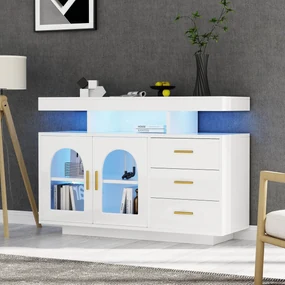 Comodă cu LED, Dulap pentru Cafea și Comodă cu Sertare, Luminos cu 16 Culori, pentru Living și Sala de Mese, 120x40x80 cm, Alb