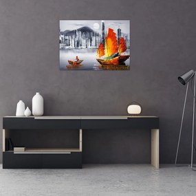 Tablou pe sticlă - Victoria Harbour, Hong Kong, pictură în ulei alb- negru (70x50 cm)