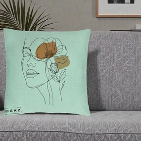 Perna Decorativa Portret Feminin Mac Profilat, 40x40 cm, Verde Menta, Husa Detasabila, Perna Inclusa, BEKZ®