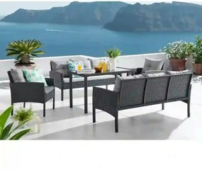 Set gradina LERON, negru/gri, ratan/otel/sticla securizata, cu masa, 2