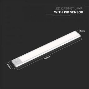 Corp led pentru dulap cu senzor de miscare si acumulator, 2.5 W, lumina neutra(4000K), 260 lm, IP20, argintiu, V-TAC