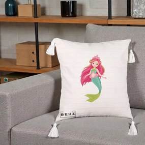 Perna Decorativa Sirena Roz cu Coroana, 40x40 cm, Bej cu Franjuri, Husa Detasabila, Perna Inclusa, BEKZ®