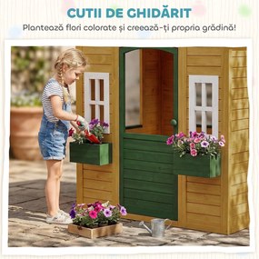 AIYAPLAY Căsuță de Grădină pentru Copii din Lemn de Molid, Căsuță de Exterior cu 3 Ferestre, 2 Jardiniere, Ușă și Acoperiș, pentru Copii 3-8 Ani, Interior și Exterior, 134.5x97x150 cm, Maro | Aosom Romania