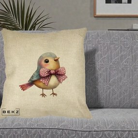 Perna Decorativa Pasare Bleu cu Fundita Roz, 40x40 cm, Crem, Husa Detasabila, Perna Inclusa, BEKZ®