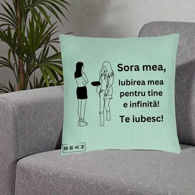 Cadou pentru Sora - Perna Personalizata Sora Mea Te Iubesc Fete Elegante cu Cadou, 40x40 cm, Verde Menta, Husa Detasabila, Perna Inclusa, BEKZ®