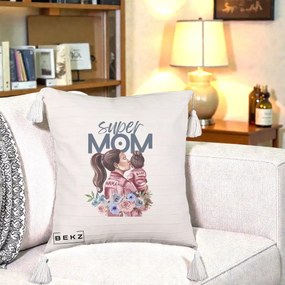 Cadou pentru Mama - Perna Personalizata Super Mom Mama cu Bebelusul, 40x40 cm, Bej cu Franjuri, Husa Detasabila, Perna Inclusa, BEKZ®
