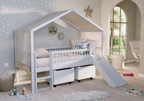Pat Casă Înălțat Forrest Beech 90x200 cm, pentru Camera Copii, din Lemn de Fag, Alb lăcuit, cu Tobogan, Sertare și Set Textil – Vipack