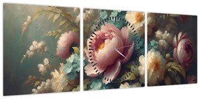 Tablou - Natură moartă cu flori - pictură (cu ceas) (90x30 cm)