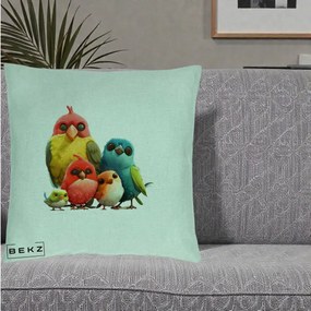 Perna Decorativa Familie de Pasarele Colorate, 40x40 cm, Verde Menta, Husa Detasabila, Perna Inclusa, BEKZ®