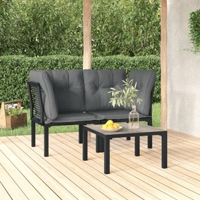 3187730 vidaXL Set mobilier de grădină cu perne, 3 piese, negru/gri, poliratan