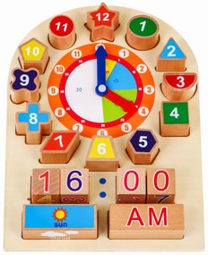 Ceas puzzle 3D tip Montessori din lemn masiv NOVOKIDS™ Learning Clock, 18 piese, Cu forme geometrice si Numere, Materiale Eco, Multicolor