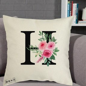 Cadou Personalizat - Perna Personalizata Monograma Florala Litera H cu Trandafiri Roz, 40x40 cm, Ecru, Husa Detasabila, Perna Inclusa, BEKZ®