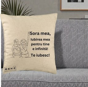 Cadou pentru Sora - Perna Personalizata Sora Mea Te Iubesc Line Art Portrete Colorate, 40x40 cm, Bej, Husa Detasabila, Perna Inclusa, BEKZ®