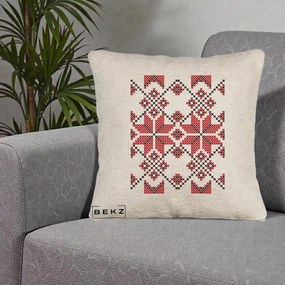 Perna Personalizata Motiv Traditional Cusatura Rosu-Negru, 40x40 cm, Bej Canapea, Husa Detasabila, Perna Inclusa, BEKZ®
