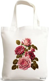 Sacosa de Panza pentru Cumparaturi, Geanta Tote, model Flower Bouquet 3, 38 x 34.5 cm, Alba, BEKZ®