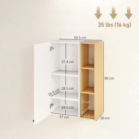 HOMCOM Dulap de Baie Suspendat cu Uși Soft Close, Dulap de Baie Suspendat cu Rafturi Reglabile și 3 Rafturi Deschise, 59.5x30x90 cm, Alb și Culoare Lemn | Aosom Romania