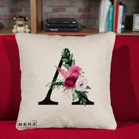Cadou Personalizat - Perna Personalizata Monograma Florala Litera A, 40x40 cm, Bej Canapea, Husa Detasabila, Perna Inclusa, BEKZ®