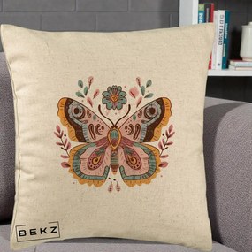 Perna Decorativa Fluture Boho Floral, 40x40 cm, Bej, Husa Detasabila, Perna Inclusa, BEKZ®
