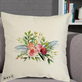 Perna Decorativa Buchet Flori Acuarela Roz-Verde, 40x40 cm, Ecru, Husa Detasabila, Perna Inclusa, BEKZ®