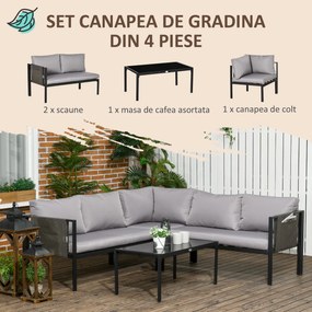 Outsunny Set pentru gradina 4 bucati cu 2 canapele 2 locuri, fotoliu de colt si masuta de cafea din geam securizat, gri si negru | AOSOM RO