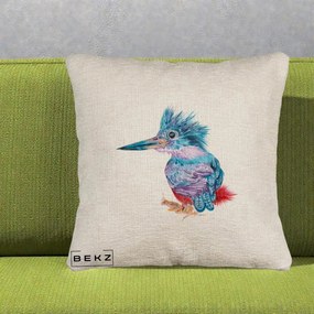 Perna Decorativa Pasare Martin Pescar Acuarela Albastru-Mov, 40x40 cm, Bej Canapea, Husa Detasabila, Perna Inclusa, BEKZ®