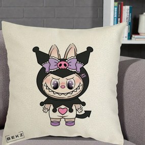 Perna Personalizata Labubu x Kuromi, 40x40 cm, Ecru, Husa Detasabila, Perna Inclusa, BEKZ®