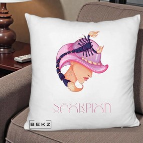Perna Personalizata Zodiac Scorpion Cowgirl, 40x40 cm, Alb Pufos, Husa Detasabila, Perna Inclusa, BEKZ®