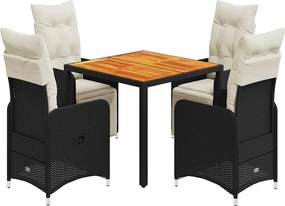 vidaXL Set bistro de grădină cu perne, 5 piese, negru, poliratan
