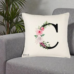 Cadou Personalizat - Perna Personalizata Monograma Florala Litera C, 40x40 cm, Crem Reliefat, Husa Detasabila, Perna Inclusa, BEKZ®
