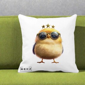 Perna Decorativa Pui Gold Star cu Ochelari Aurii, 40x40 cm, Alba Mata, Husa Detasabila, Perna Inclusa, BEKZ®