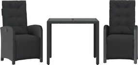 vidaXL Set bistro cu perne, 3 piese, negru, poliratan