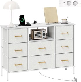 HOMCOM Comodă, dulap de depozitare cu 8 sertare din material textil, listă de prize, cadru din oțel, dulap cu sertare pentru hol, dormitor, living și birou, alb crem | Aosom Romania