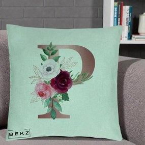 Cadou Personalizat - Perna Personalizata Monograma Rose Gold Litera P, 40x40 cm, Verde Menta, Husa Detasabila, Perna Inclusa, BEKZ®