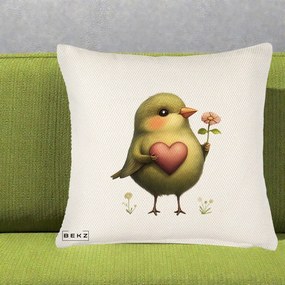 Perna Decorativa Pasare Verde cu Inima si Floare, 40x40 cm, Crem Reliefat, Husa Detasabila, Perna Inclusa, BEKZ®