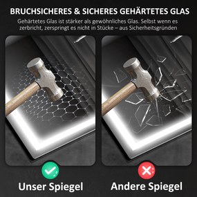 HOMCOM Oglindă de baie cu LED, Pad antiaburire, 3 culori reglabile, ceas, 600 x 800 mm, Argintiu | Aosom Romania