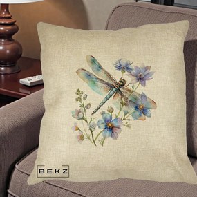 Perna Decorativa Libelula Acuarela Flori Albastre, 40x40 cm, Crem, Husa Detasabila, Perna Inclusa, BEKZ®