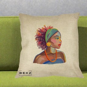 Perna Decorativa Portret Femeie Urbana Acuarela, 40x40 cm, Crem, Husa Detasabila, Perna Inclusa, BEKZ®