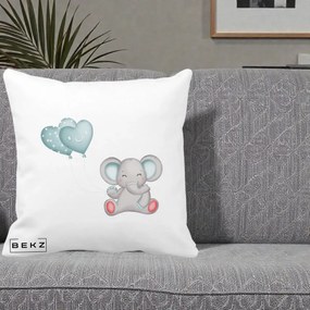 Perna Decorativa Elefant si baloane in forma de inimioare, 40x40 cm, Alba Mata, Husa Detasabila, Perna Inclusa, BEKZ®