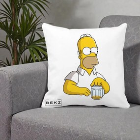 Perna Personalizata Homer Simpson cu Bere, 40x40 cm, Alba Mata, Husa Detasabila, Perna Inclusa, BEKZ®