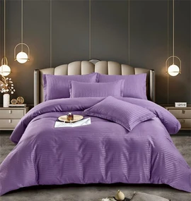 Set 10 Lenjerii Horeca, Pat Dublu, 100% Damasc Premium, 6 Piese, Cu Elastic - Mov