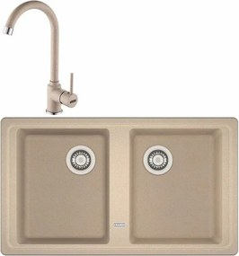 Set chiuveta bucatarie compozit Franke Basis Avena 2 cuve fara picurator 86x50 cm finisaj bej mat cu baterie Pola