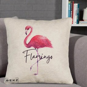 Perna Decorativa Flamingo Acuarela, 40x40 cm, Bej Canapea, Husa Detasabila, Perna Inclusa, BEKZ®