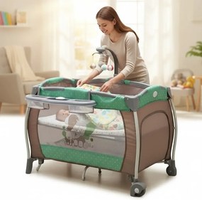 Patut Pliabil rotund cu balansoar, Tarc copii Baby Care™ PRO FRW, 2 Niveluri de inaltime, Cu melodii si Masa infasat, Carusel cu jucarii din plus,