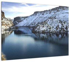 Tablou pe sticlă - peisaj de iarnă cu lac (70x50 cm)