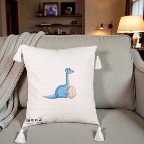 Perna Decorativa Brontosaur cu Ou, 40x40 cm, Bej cu Franjuri, Husa Detasabila, Perna Inclusa, BEKZ®