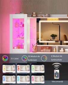 Masuta de machiaj 140 cm, cu Oglinda LED si 10 Sertare pentru Cosmetice, Set Masa toaleta Alba, masuta cosmetica, vanity cu dulapior si rafturi -