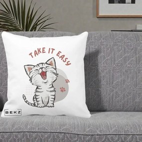 Perna Personalizata Take It Easy Cat, 40x40 cm, Alba Mata, Husa Detasabila, Perna Inclusa, BEKZ®