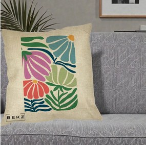 Perna Decorativa Flori Grafice Multicolore Modern, 40x40 cm, Crem, Husa Detasabila, Perna Inclusa, BEKZ®