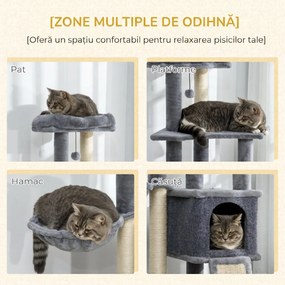 PawHut Ansamblu Zgâriat Pisici cu Stâlpi Sisal, Căsuță, Hamac, Platforme, 127 cm, PAL și Pluș, Gri | Aosom Romania