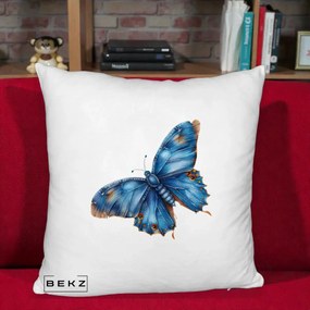 Perna Decorativa Fluture Albastru Satin cu Pete Aurii, 40x40 cm, Alb Pufos, Husa Detasabila, Perna Inclusa, BEKZ®